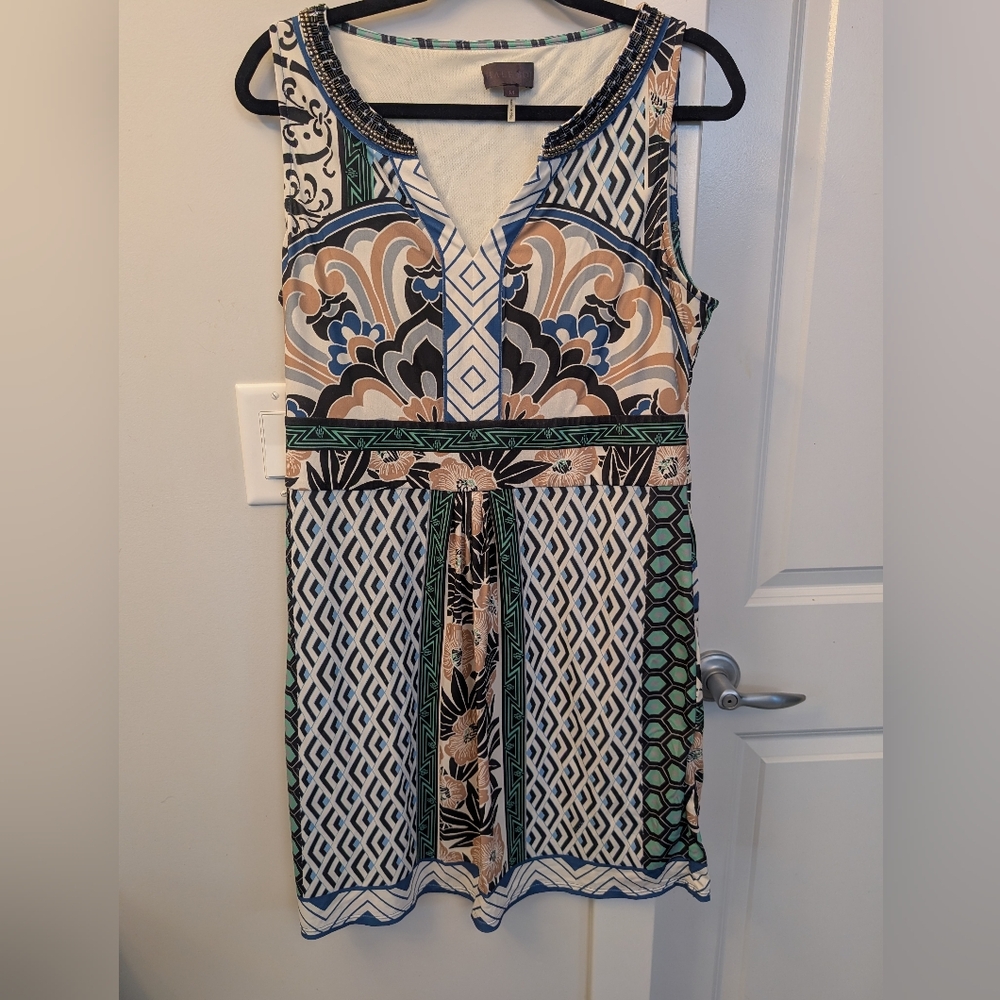 Hale Bob Sleeveless V-Neck Midi Dress in Blue, Green & Cream, medium